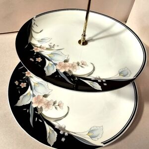 Rhapsody Fine China Two Tiered Serving Tray Black and White with Calla Lilies